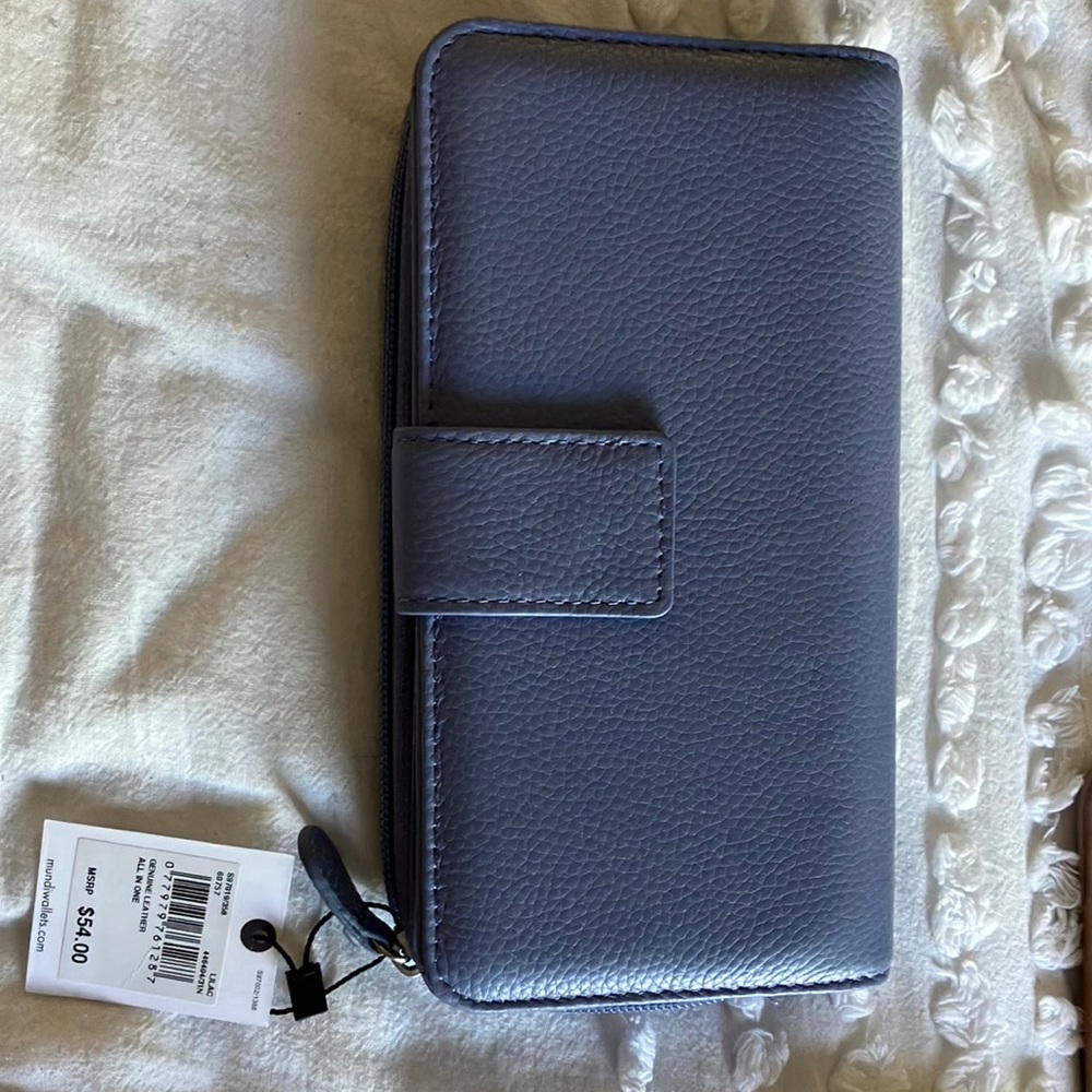 Neutral blue wallet. Very good size and color and has tons of space